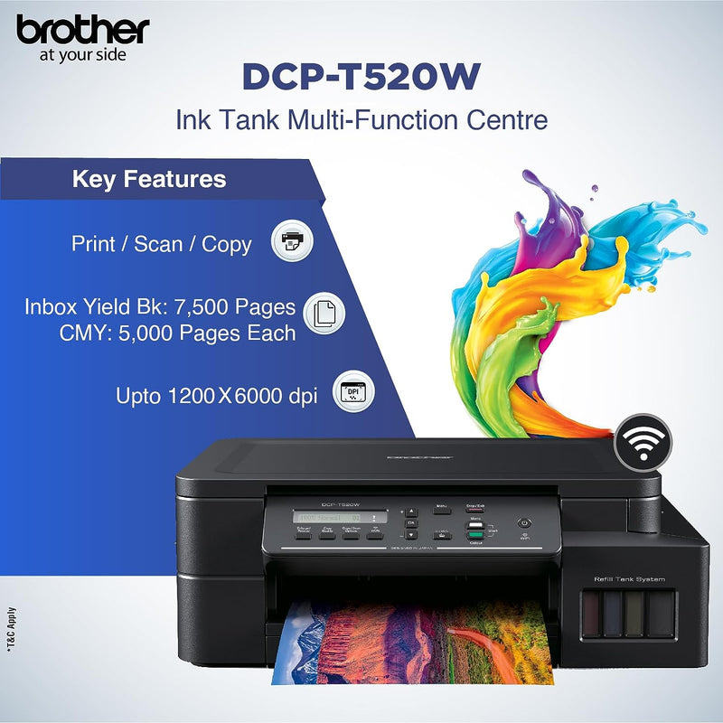 Brother Wireless All In One Ink Tank Printer, DCP-T520W, Mobile & Cloud Print And Scan, High Yield Ink Bottles