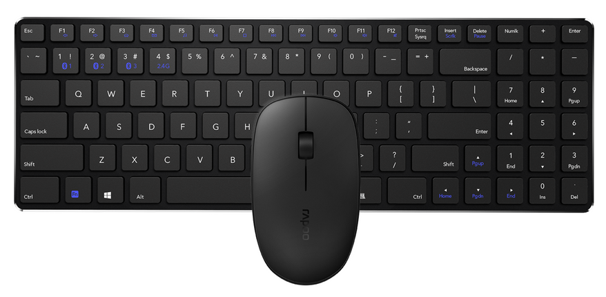 Rapoo 9300m mouse and keyboard black overhead shot