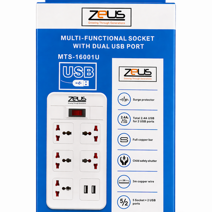 Zeus 5 Port Power extension with 2 USB - 3M