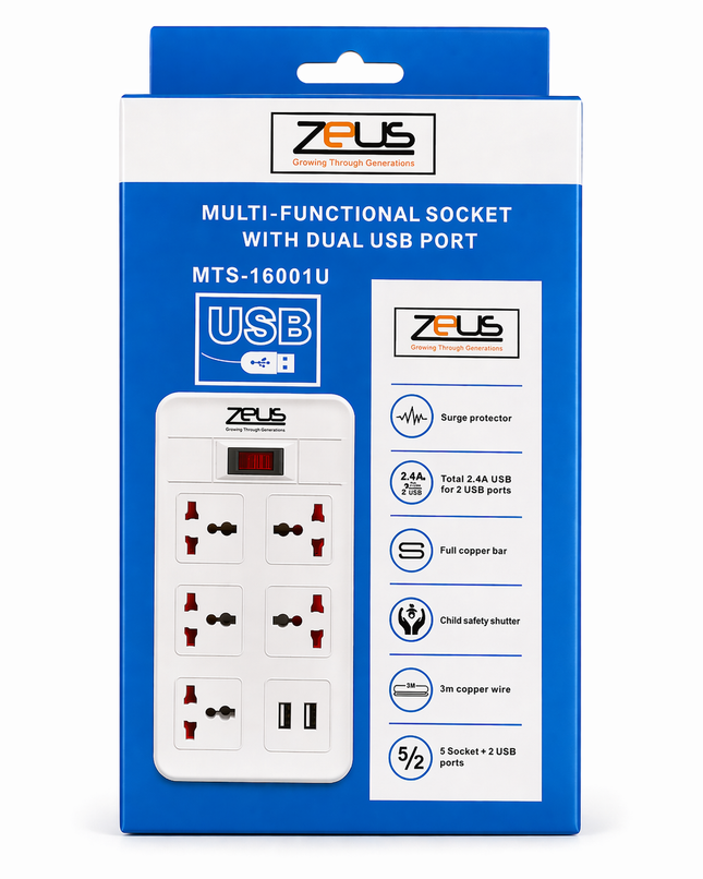 Zeus 5 Port Power extension with 2 USB - 3M