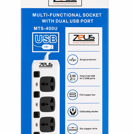 Zeus 3 Port Power extension with 2 USB - 3M