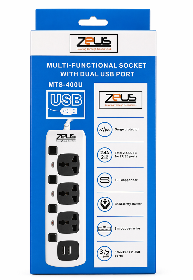 Zeus 3 Port Power extension with 2 USB - 3M