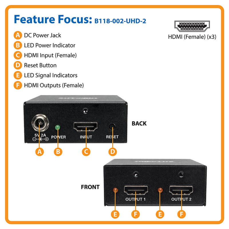 Tripp-Lite 2-Port 4K 3D HDMI Splitter, HDMI 2.0, HDCP 2.2, Ultra HD 4K x 2K Audio/Video, 3840 x 2160 @ 60 Hz,