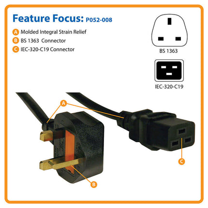 Tripp-Lite UK Power Cable - C19 to BS1363, 13A, 250V, 16 AWG, 8 ft. BS1363 Plug (2.4 m), Black