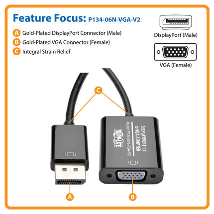 Tripp-Lite DisplayPort 1.2 to VGA Active Converter, DisplayPort to HD15 (M/F), 1920 x 1200/1080p, 6 in.