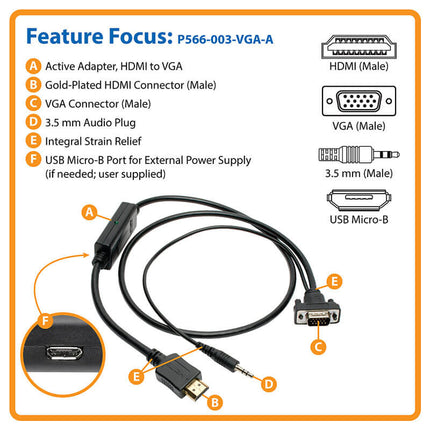 Tripp-Lite HDMI to VGA + Audio Active Converter Cable, HDMI to Low-Profile HD15 + 3.5 mm (M/M), 1920 x 1200/1080p @ 60 Hz, 3 ft.