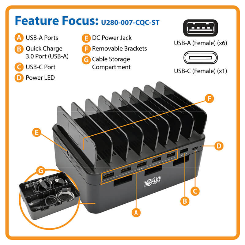 Tripp-Lite 5-Port USB Charging Station with Built-In Device Storage, 12V 4A (48W) USB Charger Output